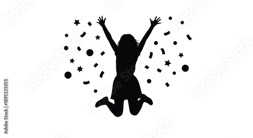 Silhouette of a woman jumping with confetti and stars falling around her