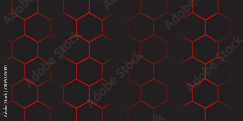 Abstract dark hexagon pattern on red neon background technology style. Modern futuristic geometric shape web banner design. You can use for cover template, poster, flyer, print ad. Vector illustration