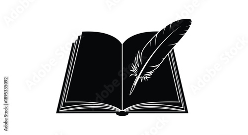An open book with a feather resting on its pages silhouetted in black