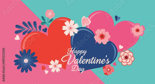 A colorful Valentine's Day graphic with hearts and flowers on a pink and blue background