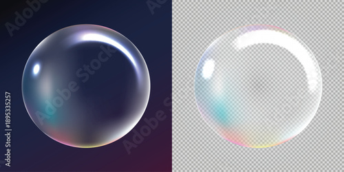 Realistic soap bubble with reflections on dark and transparent backgrounds vector graphic element
