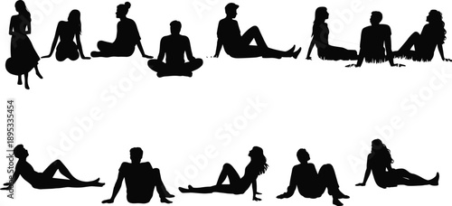 Silhouettes of men and women sitting and reclining in various relaxed poses Keywords: silhouette, people, men, women, sitting