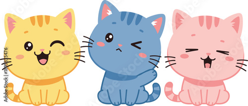 Adorable three kittens chibi style flat vector illustration