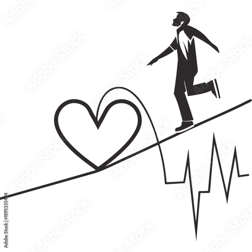 A man in a suit walks along a tightrope with a heart and ECG line below