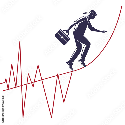 A businessman balancing on a red line graph with a briefcase in hand