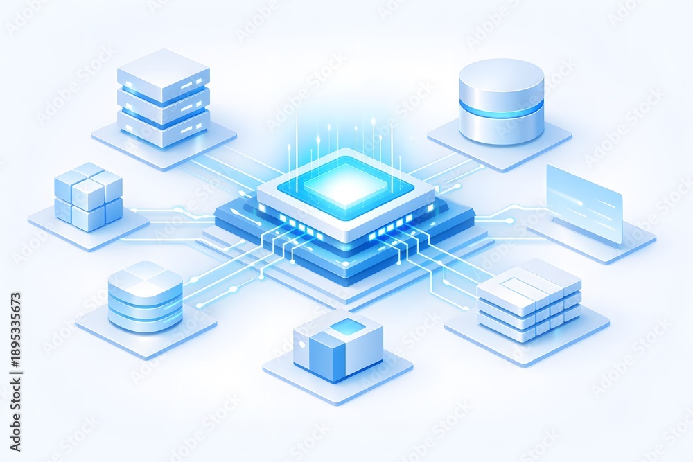 Obraz premium Central AI processor connecting to multiple data storage and server units in a digital network, for advanced processing