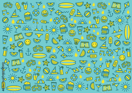 Citrus color palette Summer icons pattern background with elements like swimwear, ice cream, ball, sunglasses, drinks, sun, board, fruits, cap, anchor, emojis. For designs, poster, banner, web, event.