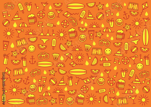 Yellow and orange Summer icons pattern background with elements like swimwear, ice cream, ball, sunglasses, drinks, sun, board, fruits, cap, anchor, emojis. For designs, poster, banner, web, event.
