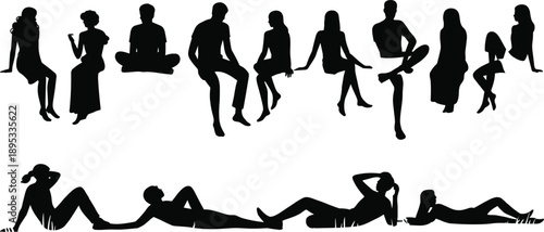 Silhouettes of People Sitting and Reclining in Various Poses on White Background person woman