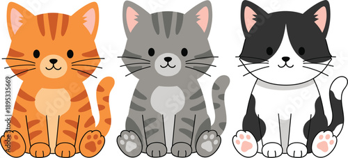 Three cute kittens sitting flat vector illustration isolated on white