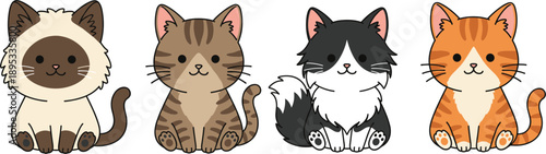 Adorable chibi cartoon cats sitting vector illustration diverse breeds