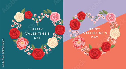 A colorful Valentine's Day graphic design featuring heart-shaped floral arrangements on contrasting backgrounds