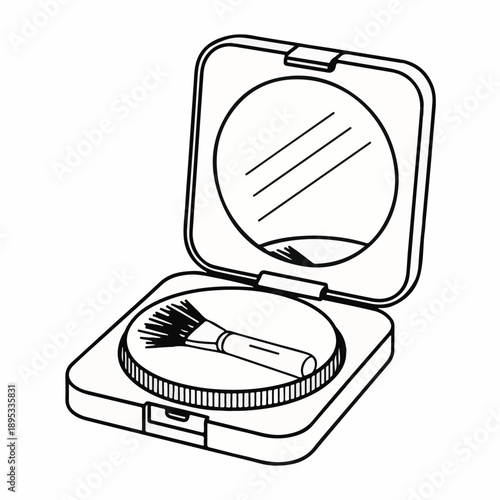 Line drawing of an open compact powder case with mirror and brush makeup