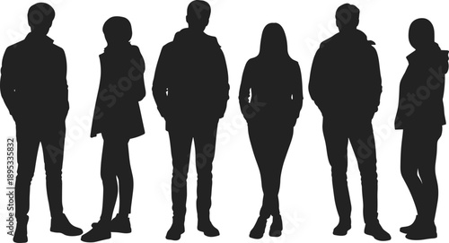 Six black silhouette figures of diverse people standing against white background vector illustration