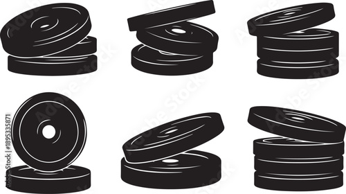 Black vinyl records stacked in various positions illustration set