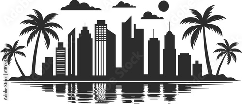City skyline silhouette, tropical palm trees, waterfront reflection, modern buildings, black vector art, coastal urban scene, sun and clouds
