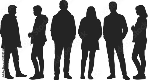 Six Silhouettes Of People Standing In Winter Coats On White Background group