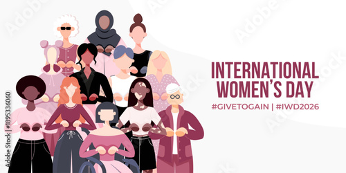 International Women's Day Banner, Poster. Give to Gain Campaign. Group of women in different ethnicity, age, body type, abilities, hair color and more. Vector illustration in flat style.	