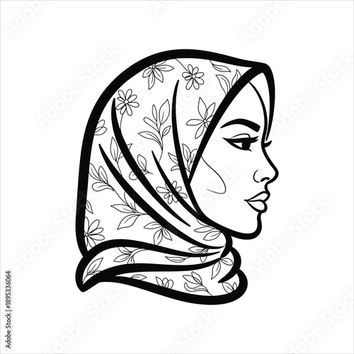 Black and white line art of a woman wearing a floral hijab pattern
