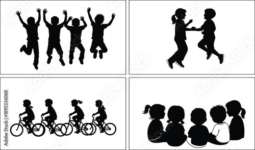 Children playing silhouettes set, kids jumping cycling sitting together scenes, childhood activity collection, happy friendship illustration black