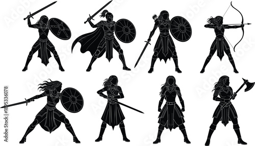 Female warrior silhouettes set, fantasy medieval fighter poses, shield sword archer axe characters, heroic battle illustration black