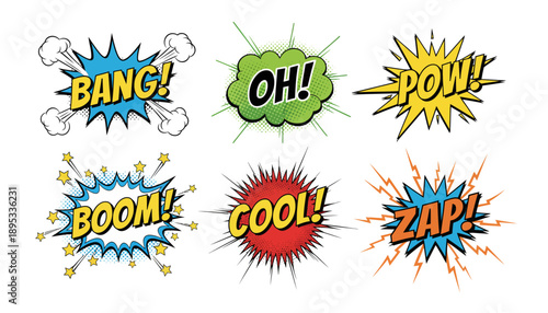 Comic book style explosion words and phrases displayed on a white background in kDBkc format