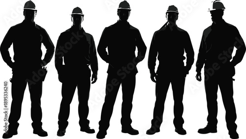 Construction worker silhouettes, industrial team vector, hard hats, black illustration, labor force, occupational safety, teamwork concept, engineering workforce
