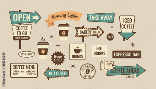 A collection of various coffee shop signs and labels are displayed on a surface.