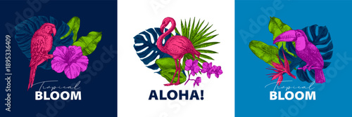 Vintage tropical exotic banner set. Parrot, toucan, tropical leaves, hibiscus. Coffee, restaurant, food packaging, event decor concept. Hand drawn sketch vector illustration.