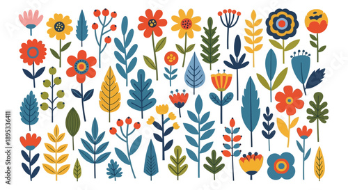 Vibrant flowers and leaves are densely illustrated in a colorful pattern on a white background with kDBkc concept.