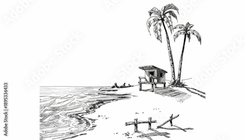 Beach scene with kDBkc illustration of a hut and two palm trees on the shore with waves