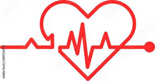 Red heart with heartbeat pulse line art, minimalist medical vector illustration