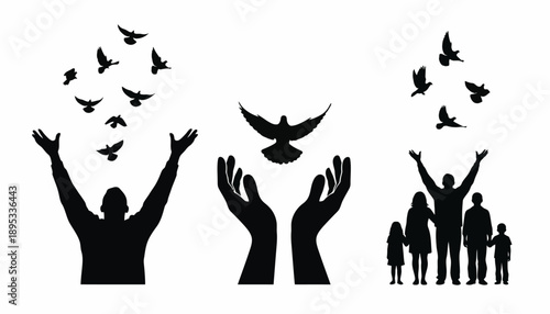 Silhouettes of people with hands raised releasing birds into the air
