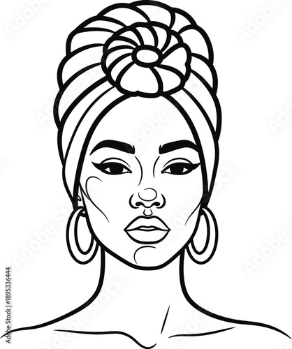 Black and white line art portrait of a woman wearing a turban and hoop earrings vector