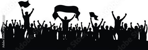 Crowd silhouette with flags and banner, protest rally vector, public demonstration illustration, black and white unity graphic design scene