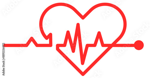 Red heart with heartbeat pulse line art, minimalist medical vector illustration