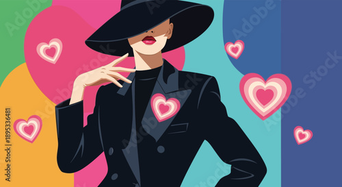 A stylish woman in a black hat and coat stands confidently in front of a colorful background with hearts
