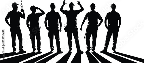 Construction worker silhouette, hard hat team, labor force, industrial crew, teamwork, tools, safety gear, shadow art, jobsite, unity
