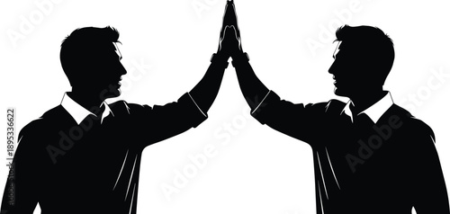 Two men high five silhouettes, mirrored success teamwork concept, business partnership achievement, motivation celebration gesture illustration black