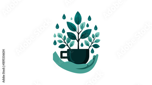 Hand holding cup with thriving plant and water droplets. Organic growth, nature, sustainability, ecology, environment care concept.