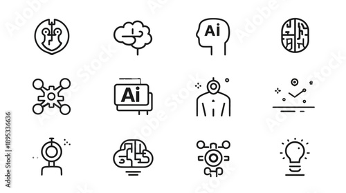 Artificial Intelligence (AI) Line Icons Set. Modern Technology, Brain, Machine Learning, Data Science, and Robotics Concepts.