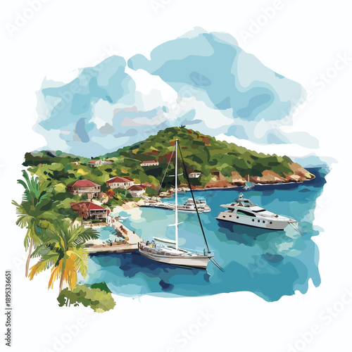 English Harbour. English Harbour hand drawn watercolor illustration