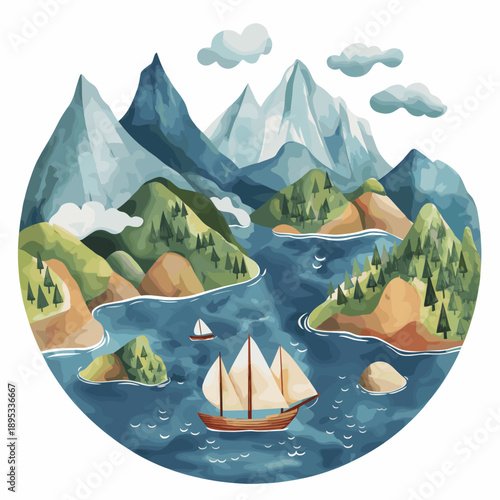 Magellan Strait. Magellan Strait hand drawn watercolor illustration