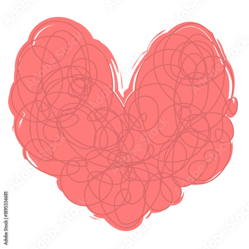 Red doodle heart. A love symbol made of intricate swirls. Color vector illustration. Lines inside the heart shape. Hand-drawn heart shape made of spiral lines. 