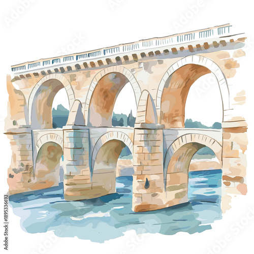 Pont du Gard. Pont du Gard watercolor vector illustration