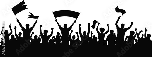 Crowd silhouette with flags and banners, protest rally vector, public demonstration illustration, black and white unity graphic design scene