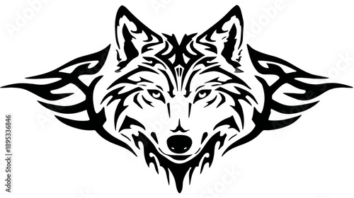 Majestic tribal wolf head illustration with intricate patterns, powerful animal spirit, fierce predator symbol, vector graphic