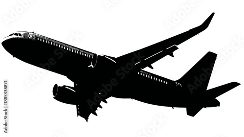Striking black silhouette of a commercial passenger jet plane taking off or in flight against a clean white background, symbolizing travel, aviation, and transport.