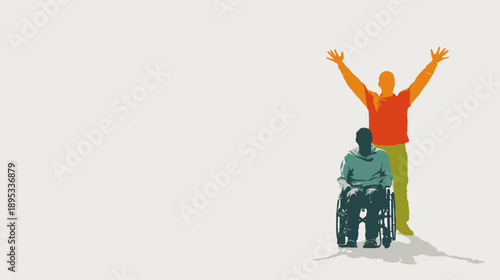 Diverse people celebrating success, one person with a disability in a wheelchair and a supportive friend with arms raised, inclusive illustration.