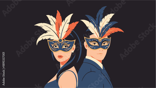 A vector graphic illustration of a man and woman wearing masquerade masks on transparent background
